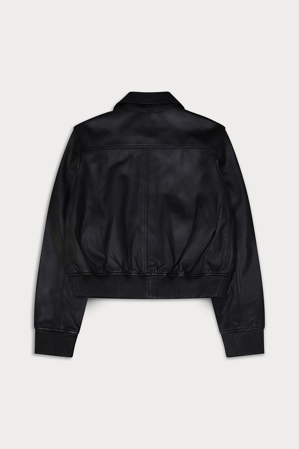 A black leather jacket  button-up front, and two front flap pockets with brass-tone snaps, back view. Amelia -Sly&Co