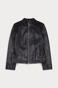 A black faux-leather jacket with a silver front zipper, stand-up collar, and zippered hand pockets.