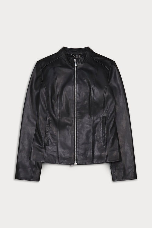 A black faux-leather jacket with a silver front zipper, stand-up collar, and zippered hand pockets.