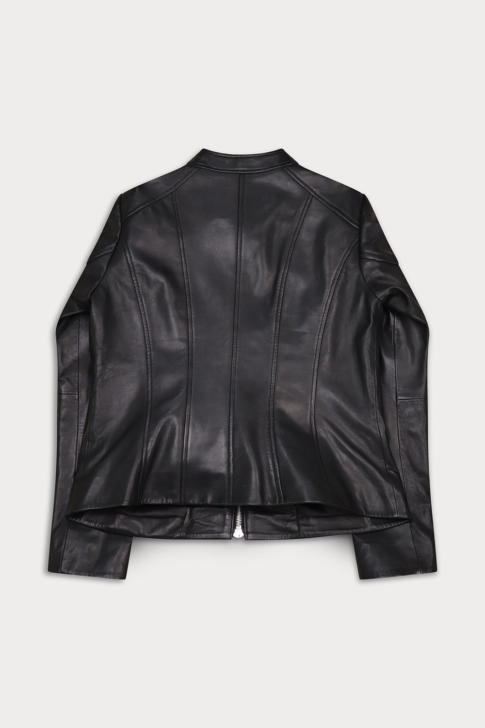 A black leather jacket with a high collar and front zipper, shown from the back.