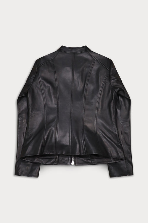 A black leather jacket with a high collar and front zipper, shown from the back.