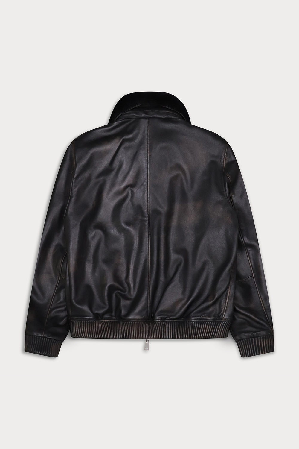 Black leather jacket shown from the back, featuring a smooth glossy finish, ribbed knit collar, cuffs, and hem.