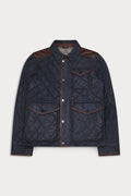 A dark navy blue quilted jacket with brown leather shoulder panels and trim, featuring a button-up front and flap pockets.