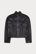 A black leather cropped jacket with a stand-up collar, front button closure, and two large flap pockets on the chest.