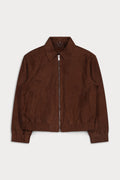 A brown suede jacket with a zippered front, pointed collar, and ribbed cuffs and hem.
