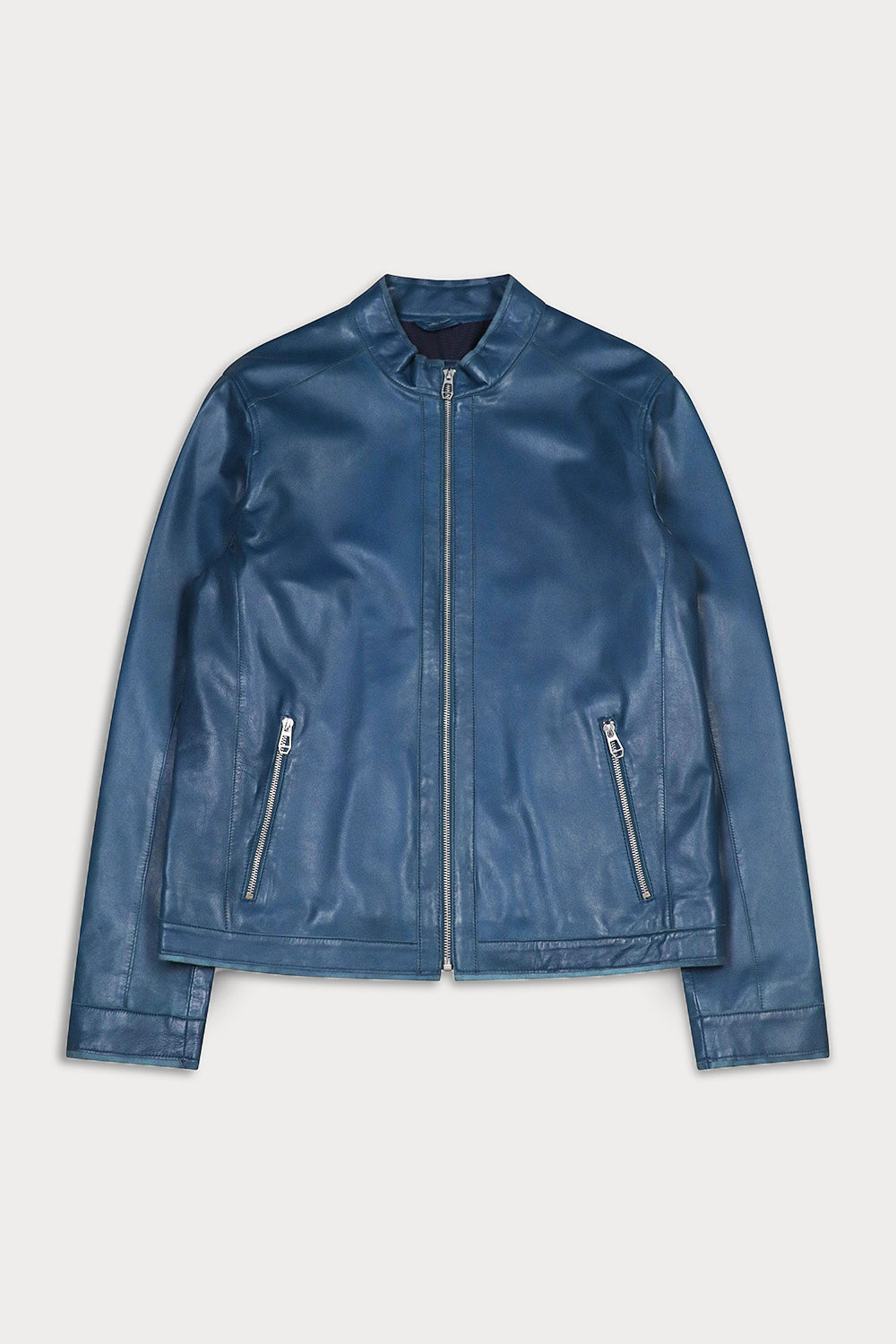ocean-blue leather jacket. Clark-Sly&Co