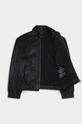 A black leather bomber jacket with a front zipper, ribbed cuffs and hem.