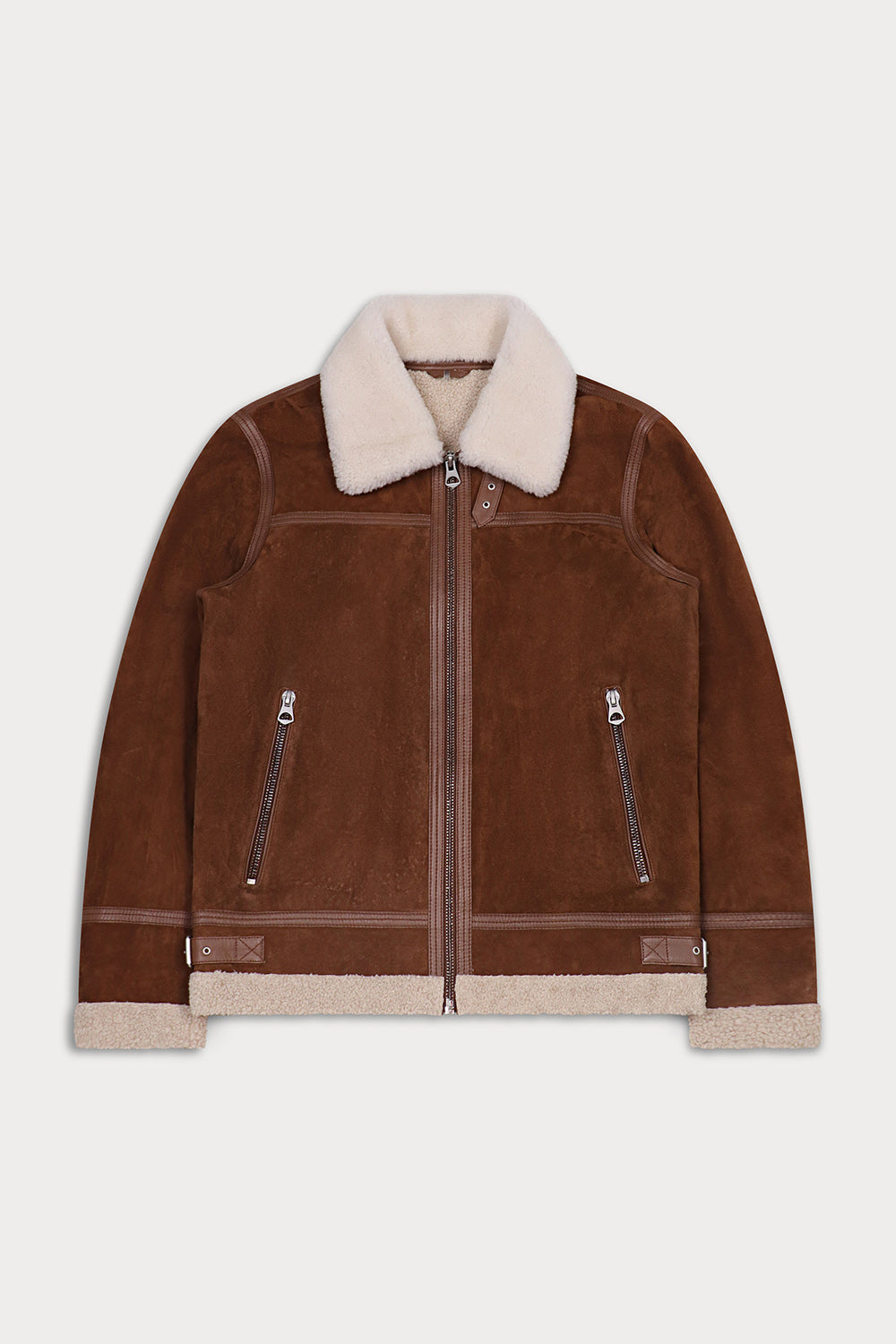 A brown suede aviator-style jacket with a cream-colored shearling collar, lining, and hem.