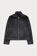 A black leather jacket with a zippered front, collar, and zippered side pockets
