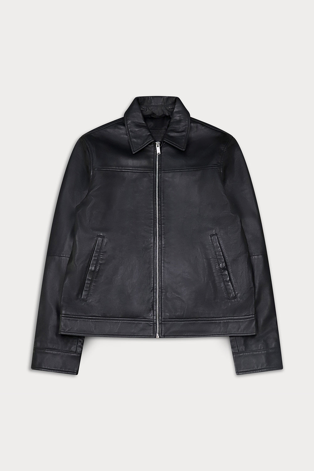 A black leather jacket with a zippered front, collar, and zippered side pockets