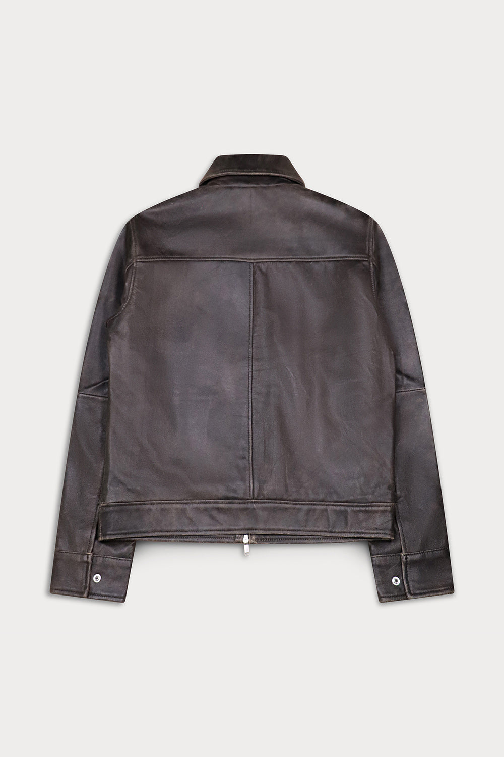 A dark black leather jacket shown from the back