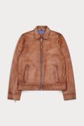 A brown leather jacket with a front zipper, collar, and two vertical welt pockets, displayed flat against a light gray background.