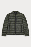 A green quilted puffer jacket with a stand-up collar, front zipper, and zippered pockets. Lewis - Sly&Co.