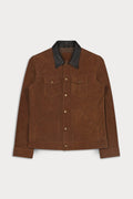 A brown suede jacket with a contrasting black leather collar, featuring a button-up front, two chest flap pockets, and two lower patch pockets.