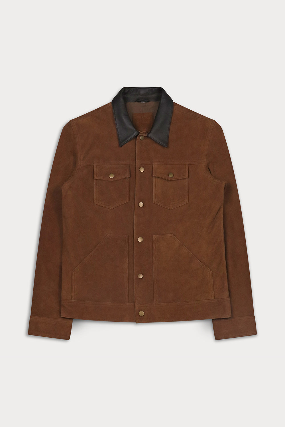 A brown suede jacket with a contrasting black leather collar, featuring a button-up front, two chest flap pockets, and two lower patch pockets.