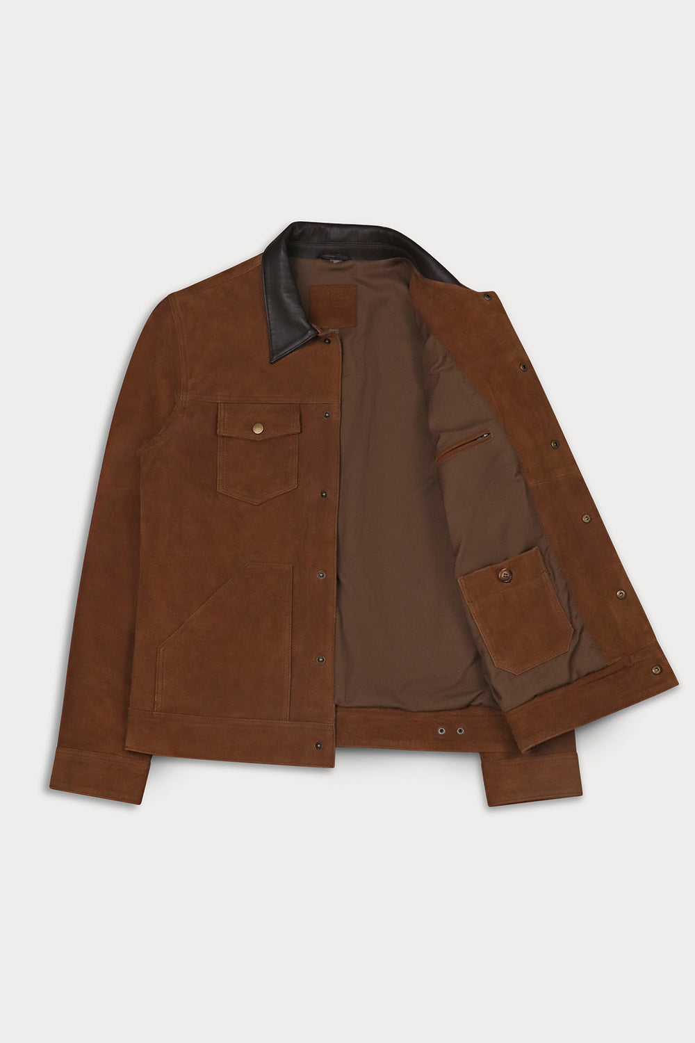 A brown suede jacket with a dark brown interior lining and a black leather collar.