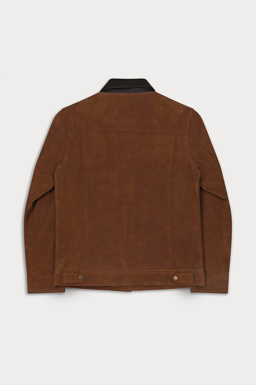 A brown suede jacket shown from the back, featuring a black collar and button details at the hem.