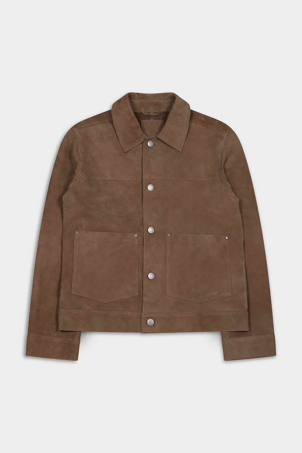 A suede jacket with a button-up front, pointed collar, and two front flap pockets.