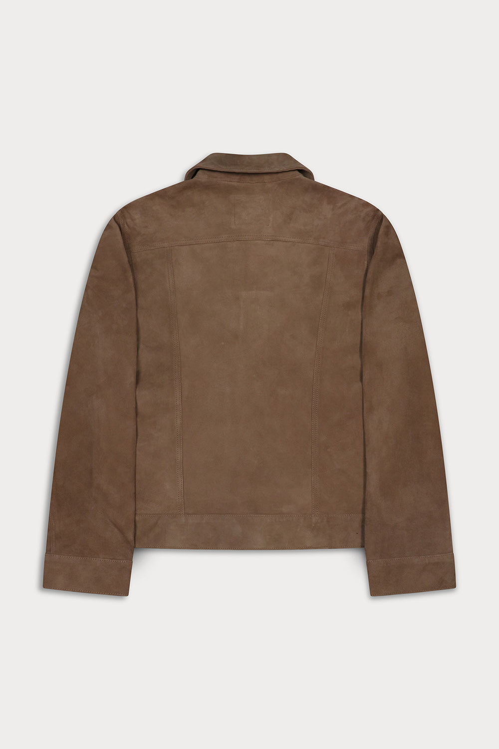 A brown suede jacket shown from the back, featuring a collar and long sleeves.