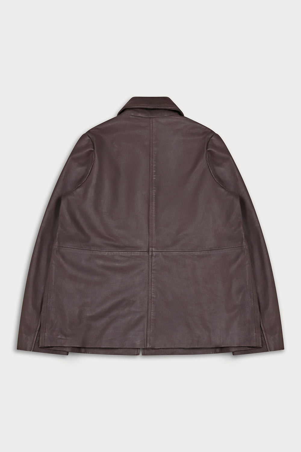 A dark brown leather jacket shown from the back, featuring a collar, long sleeves, and a central seam.