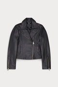 A black leather moto jacket with silver-tone hardware. Nevah-Sly&Co