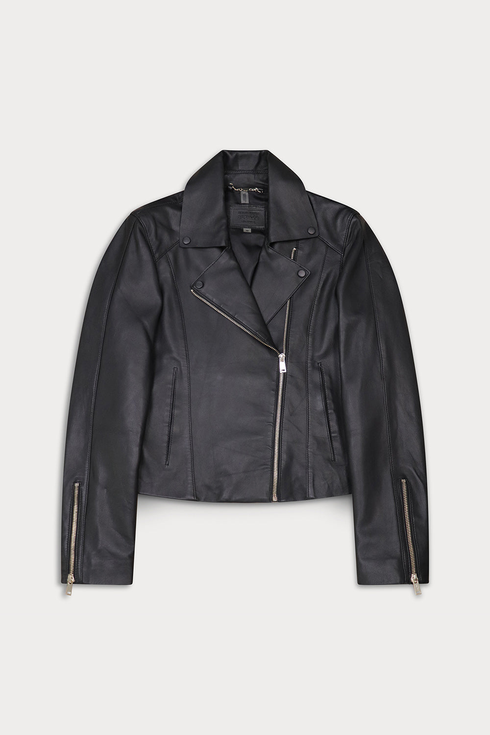 A black leather moto jacket with silver-tone hardware. Nevah-Sly&Co