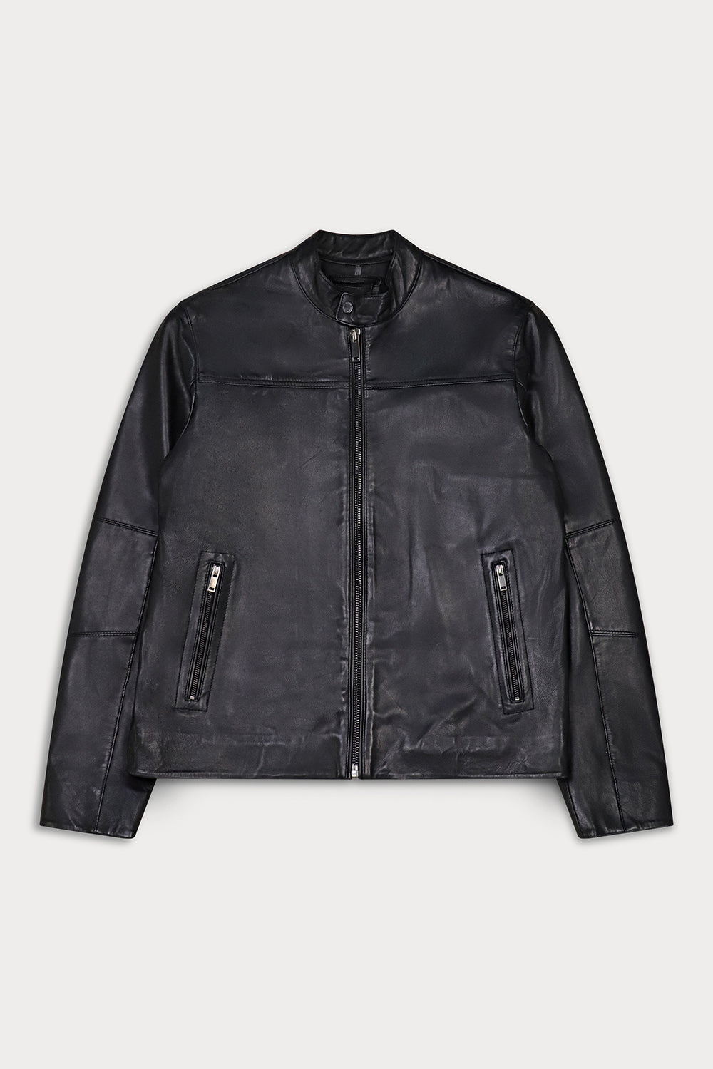 A black leather jacket with a front zipper, stand-up collar, and two zippered pockets on the lower front.