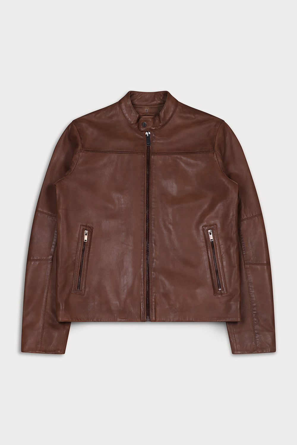 A leather biker jacket with a stand-up collar, front zipper, and two zippered hand pockets