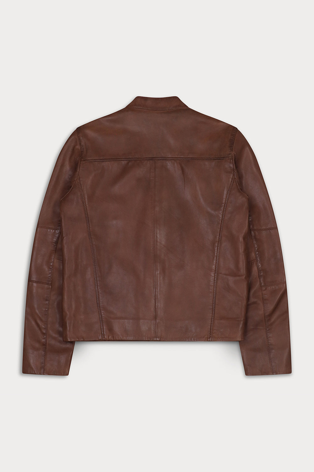 A leather jacket shown from the back, featuring a high collar, long sleeves, and vertical seam detailing.