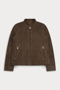 A dark brown suede jacket with a full-zip front, stand-up collar, and two vertical zippered pockets on the front.