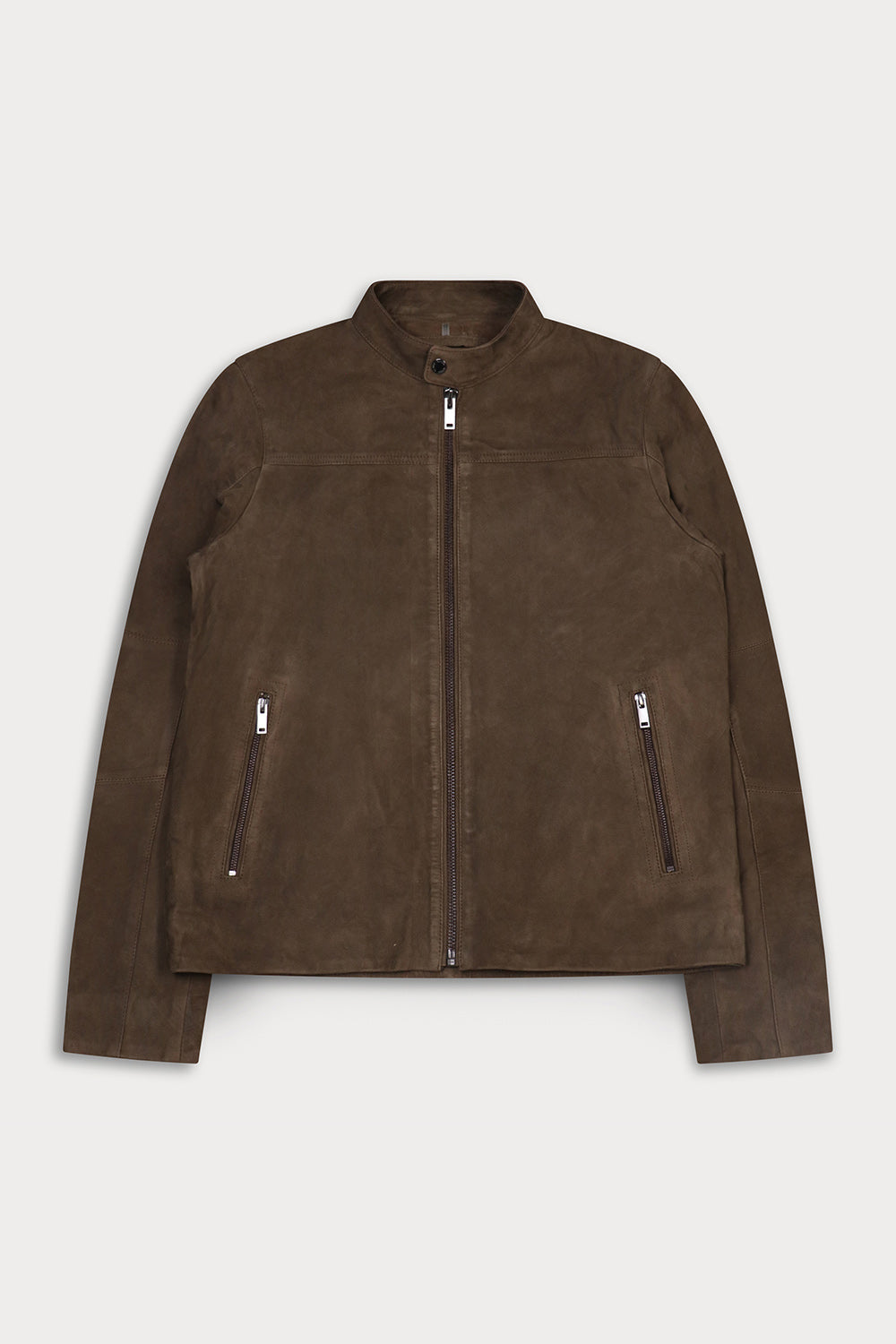A dark brown suede jacket with a full-zip front, stand-up collar, and two vertical zippered pockets on the front.