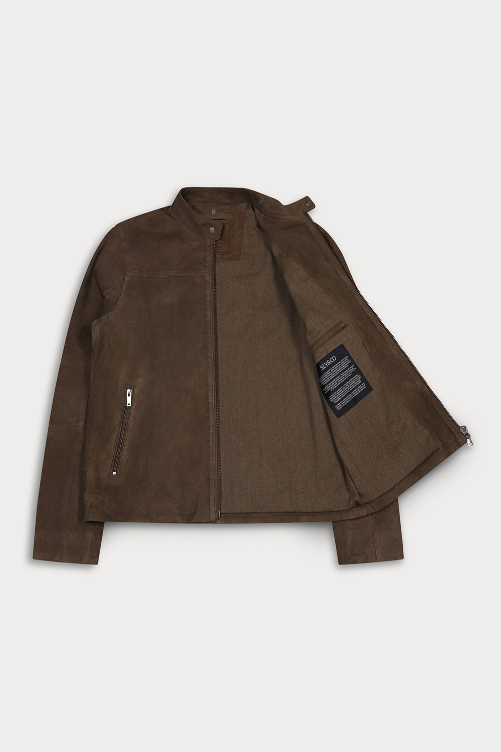 A suede olive jacket open