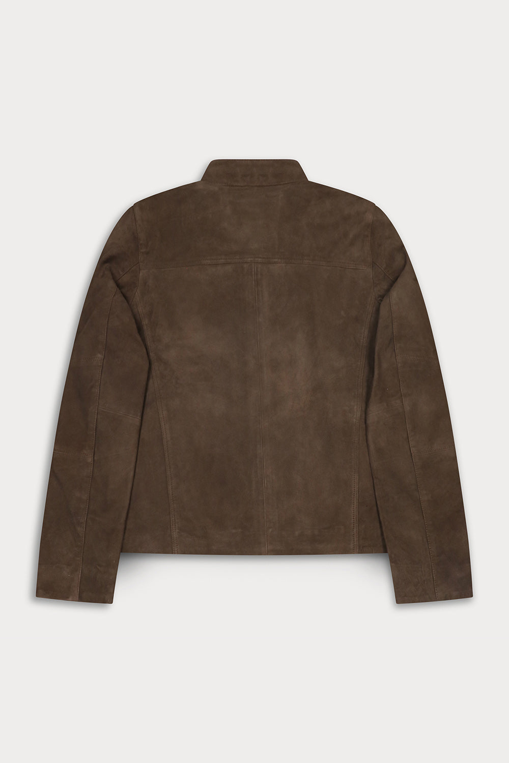 A dark green brown suede jacket shown from the back.