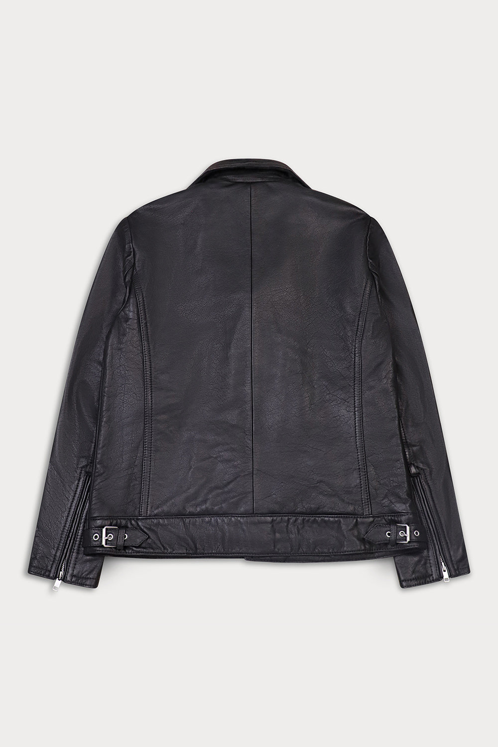 Black leather biker jacket shown from the back,.