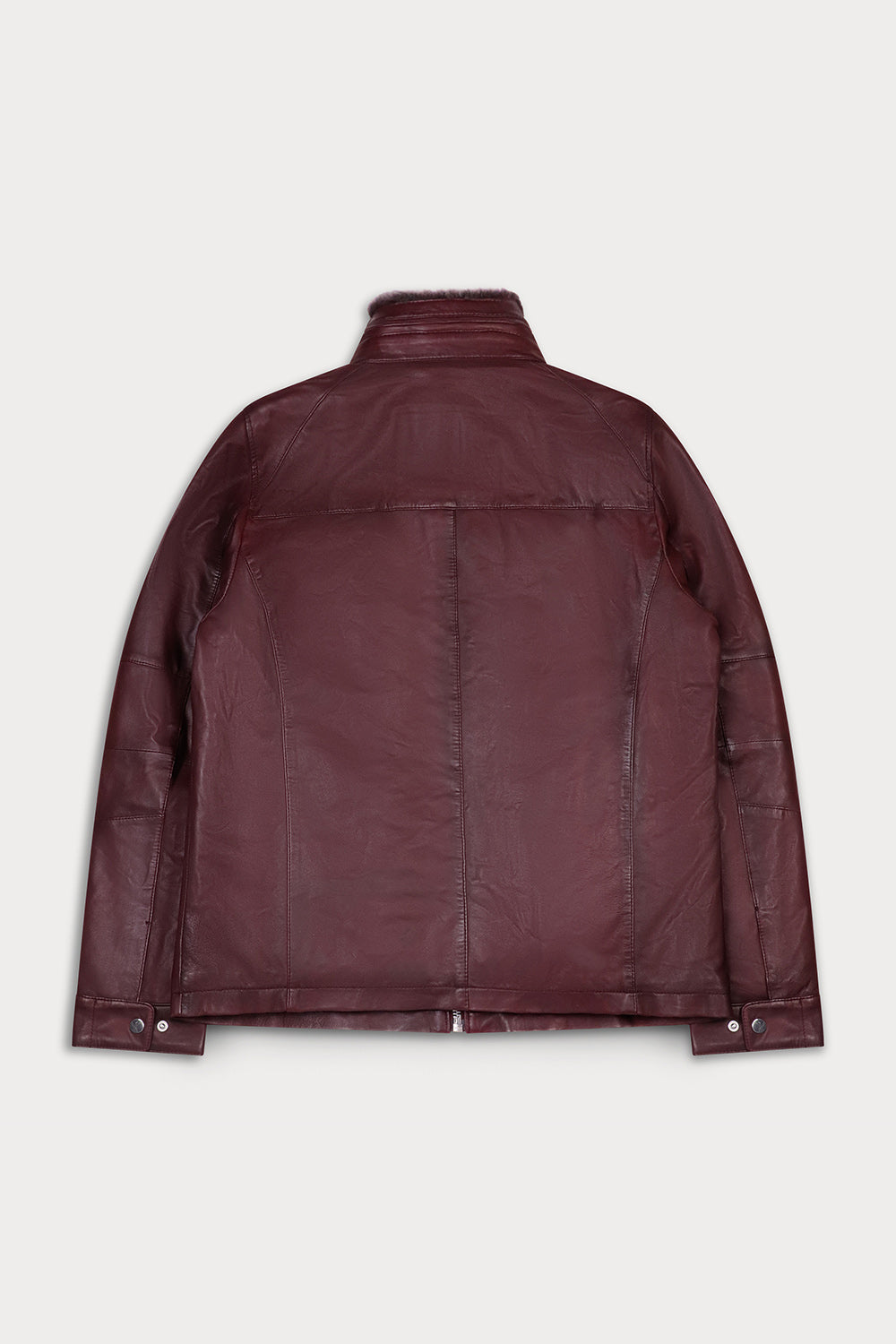 A dark burgundy leather jacket shown from the back.