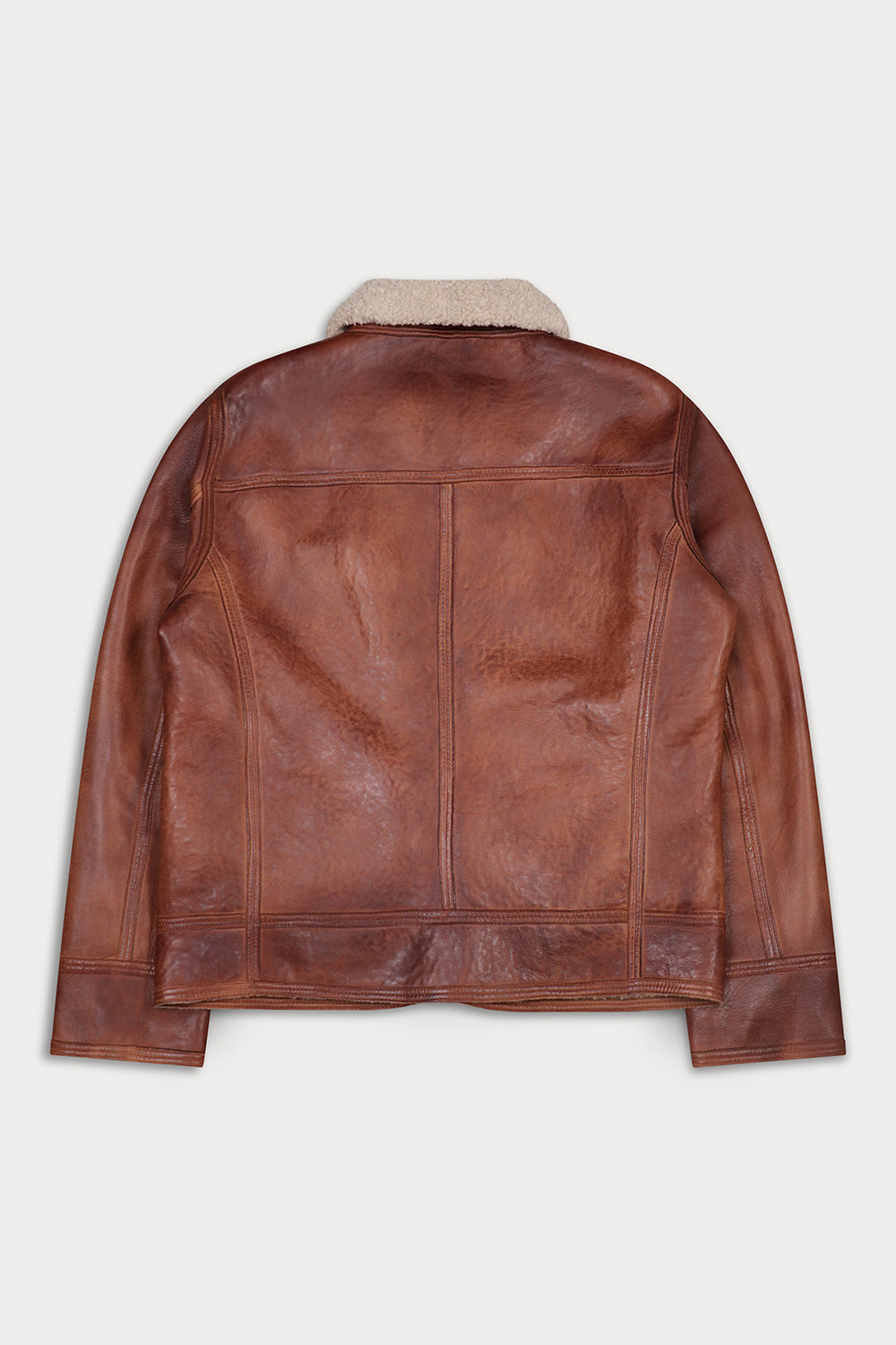 A brown leather jacket with a beige shearling-style collar, shown from the back against a light gray background.