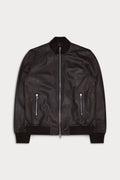 A dark brown leather bomber jacket with a silver front zipper and zippered pockets, displayed flat against a light gray background.
