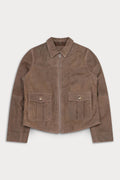 A brown suede jacket with a pointed collar, front zipper, and two large buttoned flap pockets on the chest.