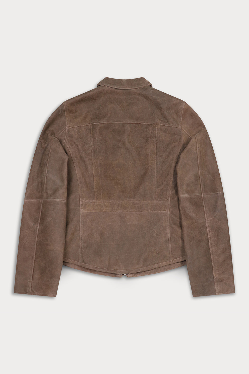 A brown suede jacket shown from the back, featuring a collar, long sleeves, and stitched panel details.