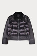 A cropped black leather jacket with a quilted puffer front, zippered pockets, and a black fur collar
