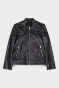 A black leather jacket with a front zipper, stand collar, and two zippered hand pockets. Vespa from Sly&Co